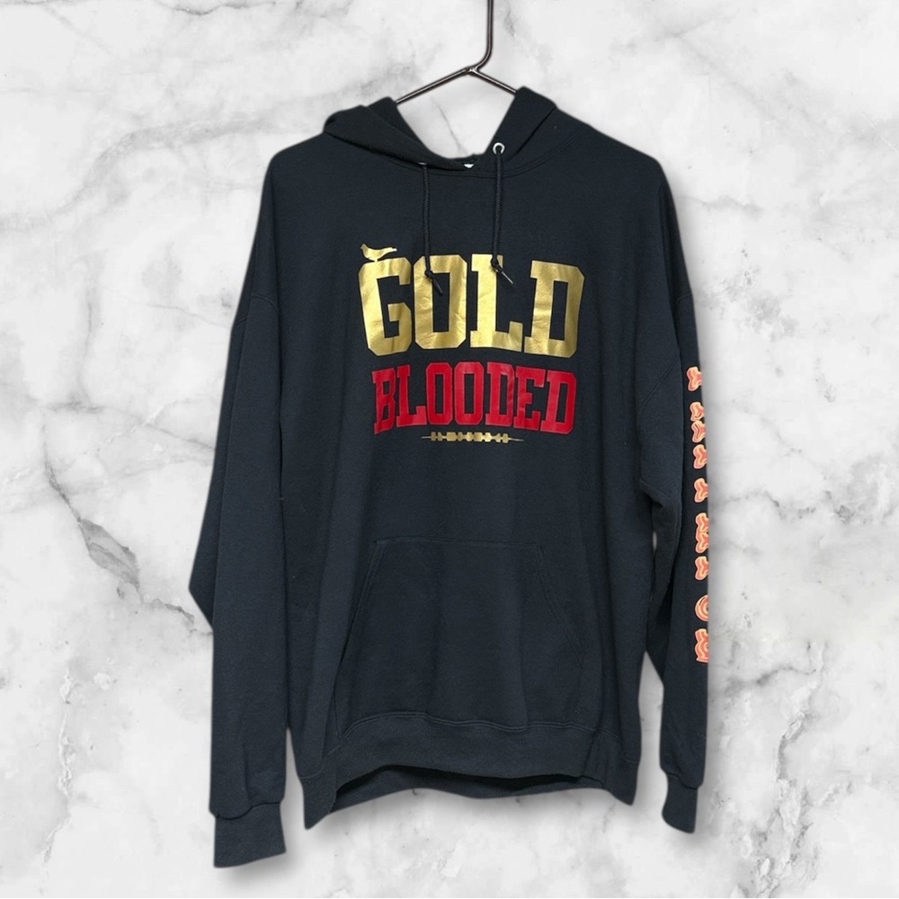 Jerzees Gold Blooded faithful San Francisco 49ers Black Hoodie sweater sz XL